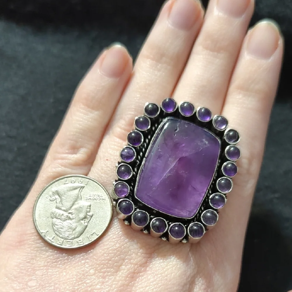 Silver Plated Purple Amethyst Gemstone  Cluster Chunky Statement Ring - Size 8